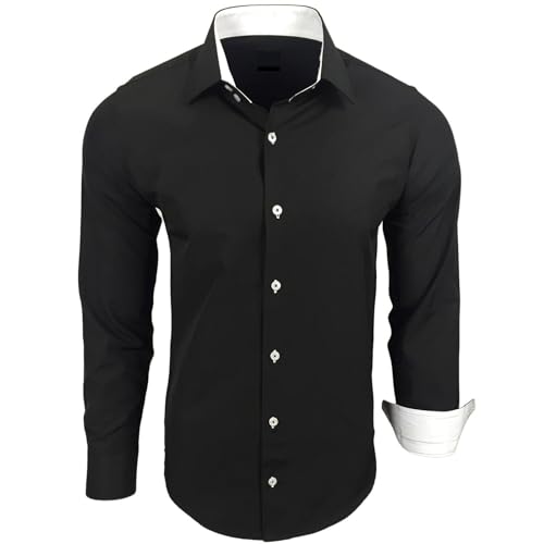 Subliminal Mode – bügelleichtes Hemd Herren Kragen zweifarbig Uni Langarm Slim Business Geschenkidee Weihnachten Valentinstag RN44, Schwarz , XXXXXL von Subliminal Mode