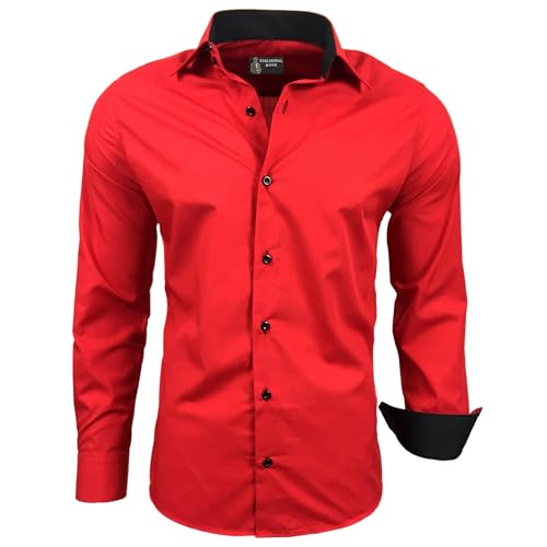 Subliminal Mode – bügelleichtes Hemd Herren Kragen zweifarbig Uni Langarm Slim Business Geschenkidee Weihnachten Valentinstag RN44, rot, XXXXXXL von Subliminal Mode
