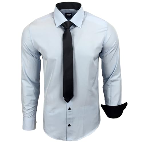 Subliminal Mode – bügelleichtes Hemd Herren Kragen zweifarbig Uni Langarm Slim Business Geschenkidee Weihnachten Valentinstag RN77 Gr. S, Light Blue von Subliminal Mode