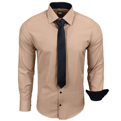 Subliminal Mode – bügelleichtes Hemd Herren Kragen zweifarbig Uni Langarm Slim Business Geschenkidee Weihnachten Valentinstag RN77 Gr. S, beige von Subliminal Mode