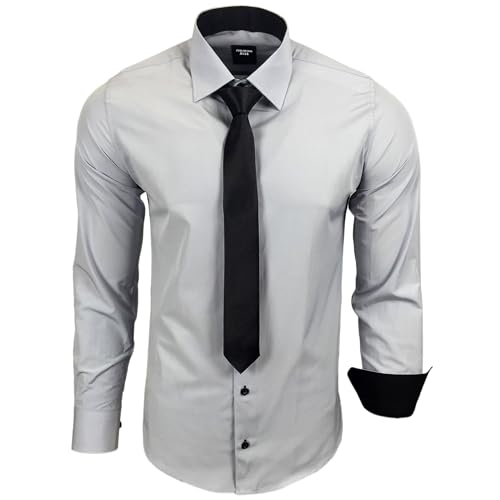 Subliminal Mode – bügelleichtes Hemd Herren Kragen zweifarbig Uni Langarm Slim Business Geschenkidee Weihnachten Valentinstag RN77 Gr. XL, Lichtgrau von Subliminal Mode