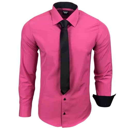 Subliminal Mode Herrenhemd, langärmlig, Kragen, zweifarbig, einfarbig + Krawatte, Schwarz, Hemd, schmale Passform, Business, bügelleicht, RN77, fuchsia, XXL von Subliminal Mode
