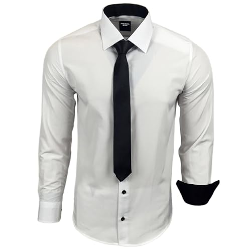 Subliminal Mode – bügelleichtes Hemd Herren Kragen zweifarbig Uni Langarm Slim Business Geschenkidee Weihnachten Valentinstag RN77 Gr. XXL, weiß von Subliminal Mode