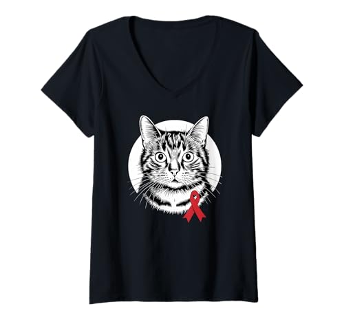 Damen Red Ribbon Support Substance Missuse Awareness Cat T-Shirt mit V-Ausschnitt Damen Red Ribbon Support Substance Missuse Awareness Cat T-Shirt mit V-Ausschnitt von Substance abuse Cat for Substance abuse Awareness