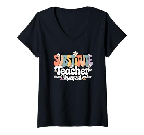 Damen Retro Groovy Ersatzlehrer Back to School Classroom T-Shirt mit V-Ausschnitt Damen Retro Groovy Ersatzlehrer Back to School Classroom T-Shirt mit V-Ausschnitt von Substitute Teacher Apparel for Women & Men