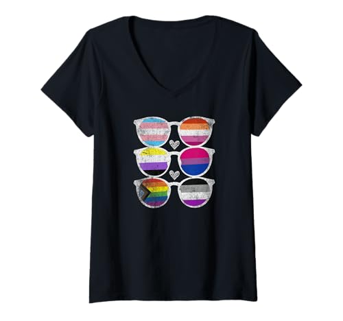 Damen Sonnenbrille LGBT Pride Trans Progress Asexual Nonbinary Flag T-Shirt mit V-Ausschnitt Damen Sonnenbrille LGBT Pride Trans Progress Asexual Nonbinary Flag T-Shirt mit V-Ausschnitt von Subtle LGBTQ Gay Pride Flag Designs