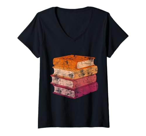 Damen Dezente Lesben Pride Flagge Bücher Vintage T-Shirt mit V-Ausschnitt von Subtle Lesbian Books Gifts Apparel