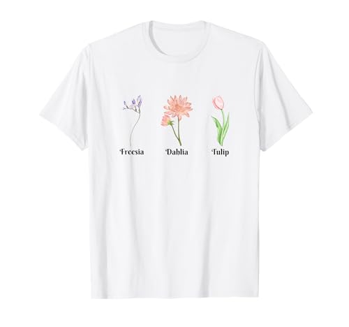 Vintage Blumenpflanze Freesie Dahlie Tulpe Blumenmädchen Mama T-Shirt von Subtle floral Freesia Dahlia Tulip Flower Apparel