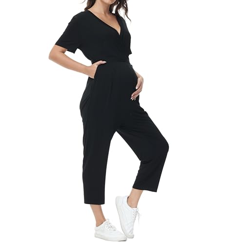 SubtleChic Damen Umstands-Jumpsuit - Lässige Baumwolle, V-Ausschnitt, Perfekt für den Sommer nach der Geburt Stillpyjama in einem Stück, Schwarz 2, Medium von SubtleChic