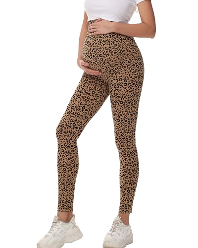 SubtleChic Umstandsleggings für Damen, Baumwolle, butterweich, Leopardenmuster, hohe Taille, umklappbare Yogahose, Leopard Khaki, S von SubtleChic