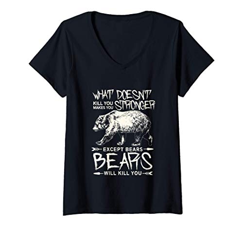 Damen What Doesn't Kill you makes you stronger except Bears shirt T-Shirt mit V-Ausschnitt Damen What Doesn't Kill you makes you stronger except Bears shirt T-Shirt mit V-Ausschnitt von Suburbia Fun Time Tees