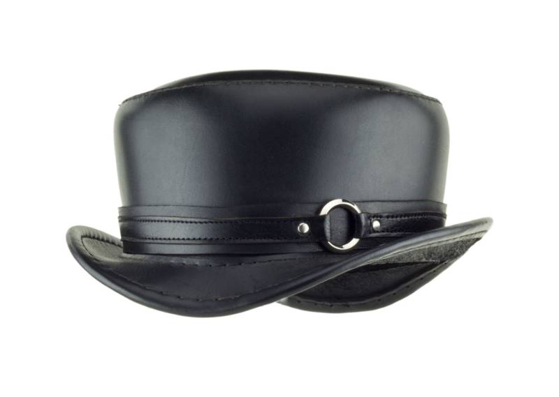 Ledertophut "Pinkerton" Schwarz - Steampunk Top Hut Top-Genähter Kurztophat Ringmaster Circus Couture Mit Radierung von Subverse
