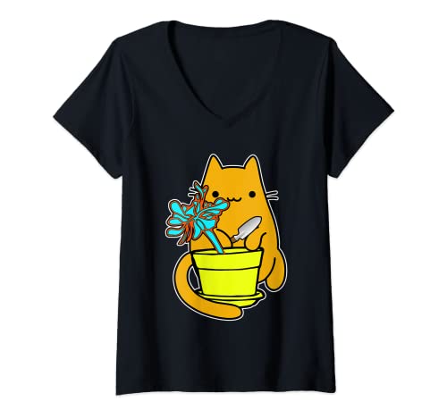 Damen Echeveria innen Katze Sukkulentengarten T-Shirt mit V-Ausschnitt Damen Echeveria innen Katze Sukkulentengarten T-Shirt mit V-Ausschnitt von Succulent Cat Gardener