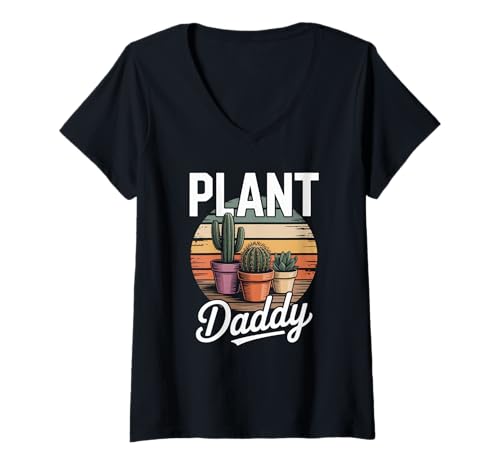 Damen Lustiger Spruch Pflanze Daddy Retro Kaktus Zimmerpflanzen Damen Herren T-Shirt mit V-Ausschnitt von Succulent Dad Joke Botanical Lover Gardening
