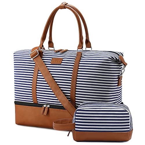 Sucipi Reisetasche Damen Weekender Damen Groß Canvas PU-Leder Handgepäck Kliniktasche (XL 53 x 37 x 23 cm) mit Schuhfach mit Kulturtasche - Blau Gestreift von Sucipi