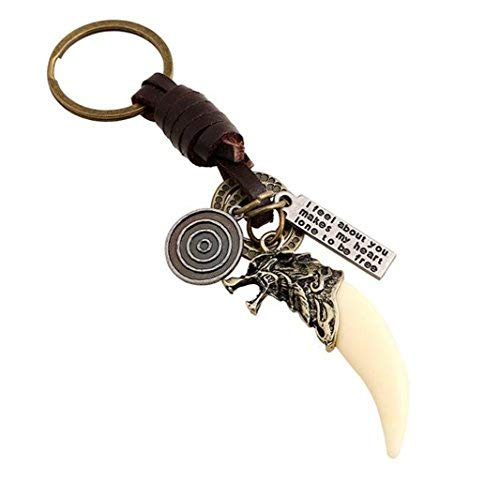 Sucolin Schlüsselanhänger Wolf Zahn Spitze Leder Schlüsselringe Einfache Konstruktion Weinlese Schlüsselanhänger Ring für Männer Bronze von Sucolin
