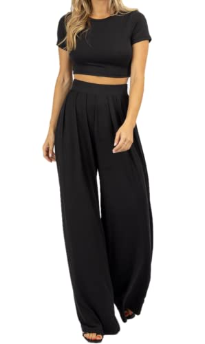 Sucor Damen 2 Teiler Sommer Outfit Set Crop Top und Weites Bein Shorts Set Strampler(L,Schwarz) von Sucor