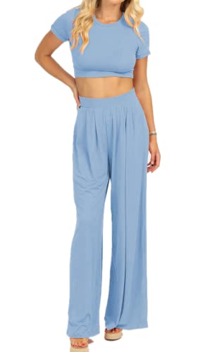 Sucor Damen 2 Teiler Sommer Outfit Set Crop Top und Weites Bein Shorts Set Strampler(M,Blau) von Sucor