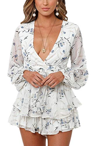 Sucor Damen Boho V-Ausschnitt Kurz Jumpsuit Sommerkleid Blumenmuster Langarm Overall Elegant Playsuit mit Rüschen(L,CLTK7) von Sucor