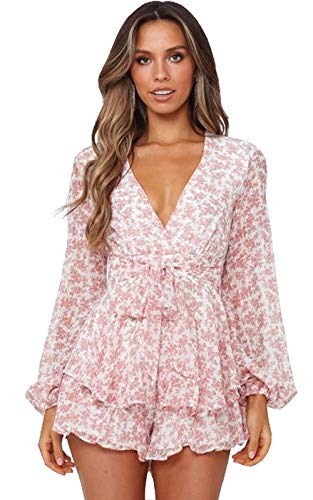 Sucor Damen Boho V-Ausschnitt Kurz Jumpsuit Sommerkleid Blumenmuster Langarm Overall Elegant Playsuit mit Rüschen(M,CLTK3) von Sucor