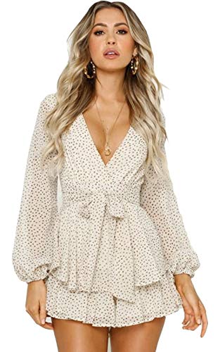 Sucor Damen Boho V-Ausschnitt Kurz Jumpsuit Sommerkleid Blumenmuster Langarm Overall Elegant Playsuit mit Rüschen(S,CLTK2) von Sucor