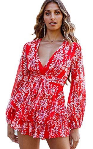 Sucor Damen Boho V-Ausschnitt Kurz Jumpsuit Sommerkleid Blumenmuster Langarm Overall Elegant Playsuit mit Rüschen(XL,CLTK8) von Sucor