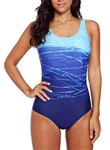 Sucor Damen Einteiliger Badeanzug Farbverlauf Swimsuit Kreuz Rückenfrei Sport Schwimmanzug(M,Blau) von Sucor