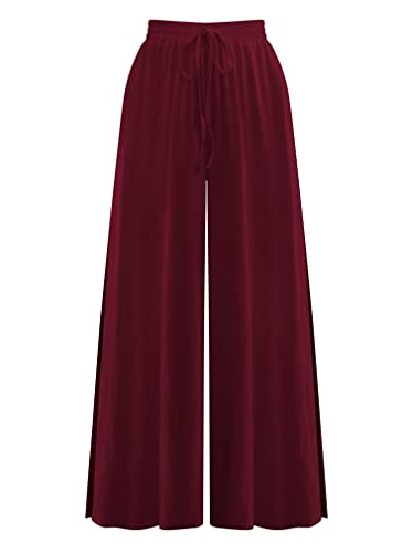 Sucor Damen Hose mit weitem Bein Kordelzug Lose Lounge Pants Seitenschlitz Culottes Hosen (L,Rotwein) von Sucor