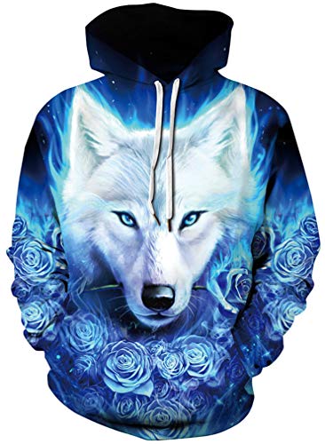 Sucor Damen Pullover Herren 3D Druck Kapuzenpullover Unisex Hoodie Langarm Drawstring Pullover Sweatshirt mit Tasche(L/XL,Rose Wolf) von Sucor