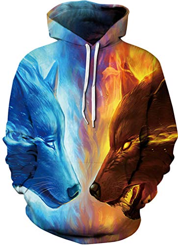 Sucor Damen Pullover Herren 3D Druck Kapuzenpullover Unisex Hoodie Langarm Drawstring Pullover Sweatshirt mit Tasche(XXL/XXXL,Two Wolves) von Sucor