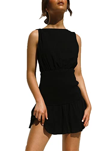 Sucor Damen Sommerkleid Träger Rückenfreies Kleider Ärmellos Strandkleider Freizeitkleider Minikleider Einfarbig A Linie Sexy Partykleid(S,Schwarz) von Sucor