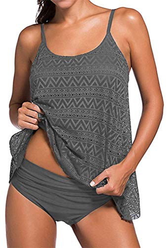 Sucor Damen Sportlich Tankini Mesh Badeanzug Zweiteilig Badeanzüge Elegantes Swimsuit Beachwear mit Bikinislip Plus Size(S,Grau) von Sucor