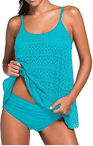 Sucor Damen Sportlich Tankini Mesh Badeanzug Zweiteilig Badeanzüge Elegantes Swimsuit Beachwear mit Bikinislip Plus Size(M,Himmelblau) von Sucor