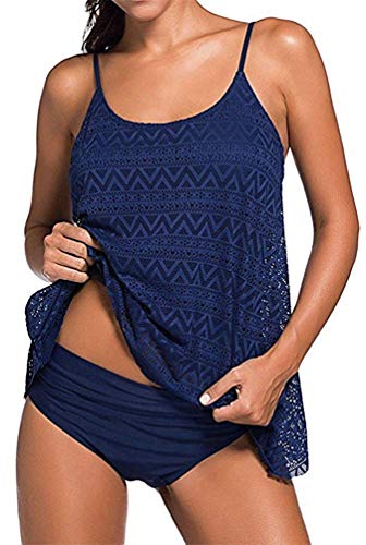 Sucor Damen Sportlich Tankini Mesh Badeanzug Zweiteilig Badeanzüge Elegantes Swimsuit Beachwear mit Bikinislip Plus Size(S,Dunkelblau) von Sucor