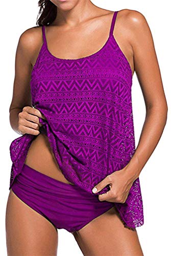 Sucor Damen Sportlich Tankini Mesh Badeanzug Zweiteilig Badeanzüge Elegantes Swimsuit Beachwear mit Bikinislip Plus Size(S,Lila) von Sucor