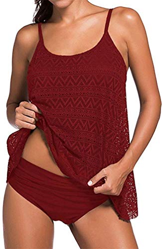 Sucor Damen Sportlich Tankini Mesh Badeanzug Zweiteilig Badeanzüge Elegantes Swimsuit Beachwear mit Bikinislip Plus Size(4XL,Weinrot) von Sucor