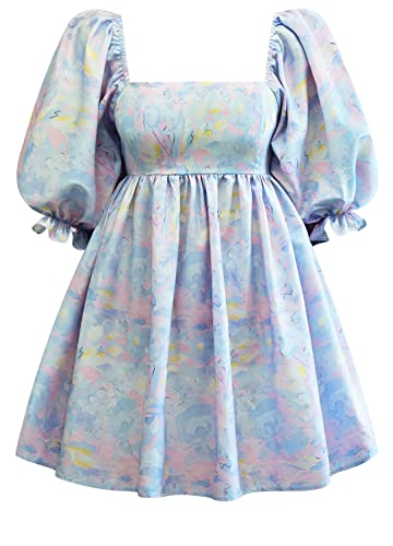 Sucor Elegant Minikleider Vintage Retro Blumen Drucken Prinzessin Kleid Puffy Sleeve Ballkleider Hohe Taille Freizeitkleid Swing Sommerkleid (S,DQ06) von Sucor