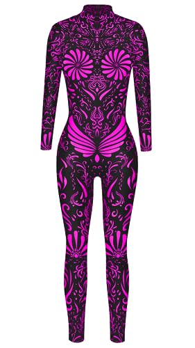 Sucor Frauen Halloween Cosplay Party Kostüm Mehrfarbig Scary Skelett Tight Fit Lustige Elastische Langarm (M,Magenta1) von Sucor