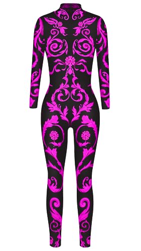 Sucor Frauen Halloween Cosplay Party Kostüm Mehrfarbig Scary Skelett Tight Fit Lustige Elastische Langarm (XL,Magenta2) von Sucor