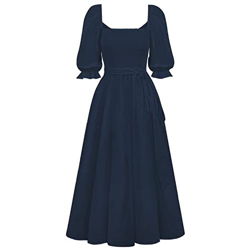 Sucor Halb Ärmel Casual Quadratischer Hals/V-Ausschnitt Sommer Kleider Puff Ärmel Elastische Taille A-Linie Lang Kleid mit Gürtel (L,Blau) von Sucor