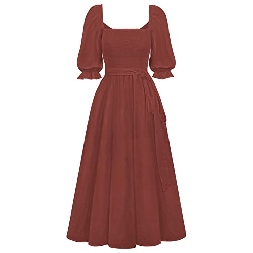 Sucor Halb Ärmel Casual Quadratischer Hals/V-Ausschnitt Sommer Kleider Puff Ärmel Elastische Taille A-Linie Lang Kleid mit Gürtel (M,Rot) von Sucor