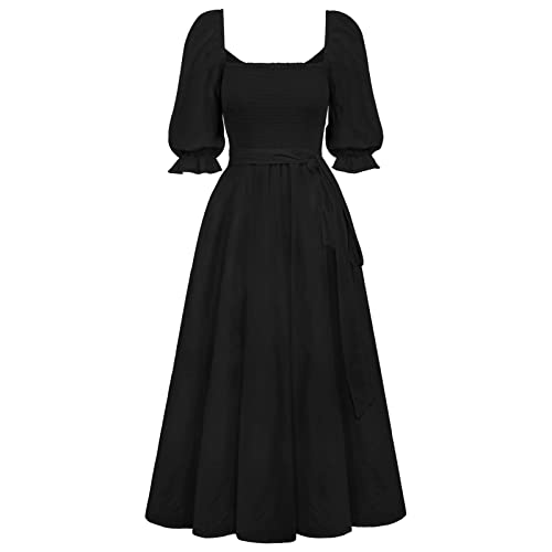 Sucor Halb Ärmel Casual Quadratischer Hals/V-Ausschnitt Sommer Kleider Puff Ärmel Elastische Taille A-Linie Lang Kleid mit Gürtel (S,Schwarz) von Sucor