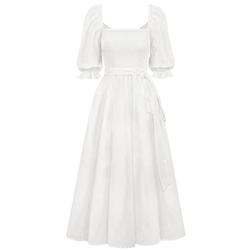 Sucor Halb Ärmel Casual Quadratischer Hals/V-Ausschnitt Sommer Kleider Puff Ärmel Elastische Taille A-Linie Lang Kleid mit Gürtel (S,Weiß) von Sucor
