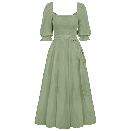 Sucor Halb Ärmel Casual Quadratischer Hals/V-Ausschnitt Sommer Kleider Puff Ärmel Elastische Taille A-Linie Lang Kleid mit Gürtel (XL,Hellgrün) von Sucor