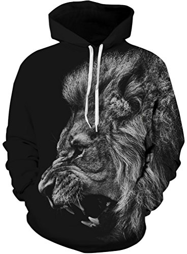 Sucor Herren Damen 3D Druck Hoodie Langarm Kapuzenpullover Mit Taschen Unisex Pullover Bunte Sweatshirt(L/XL,Schwarz Löwe) von Sucor