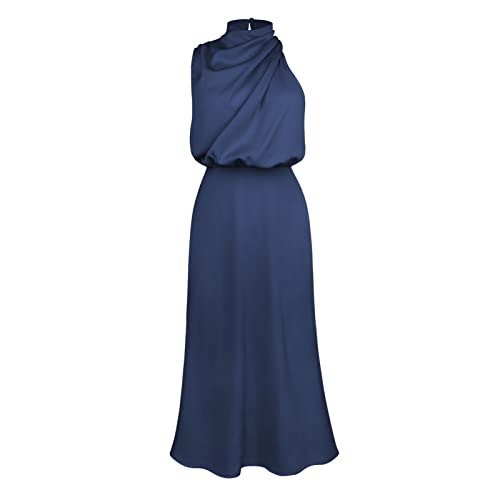 Sucor Satin Ärmellos High Neck Elegantes Party Kleid Sommer Lange Formelle schlankes Cocktailkleider für(L,Dunkelblau) von Sucor