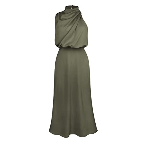 Sucor Satin Ärmellos High Neck Elegantes Party Kleid Sommer Lange Formelle schlankes Cocktailkleider für(L,Military Green) von Sucor