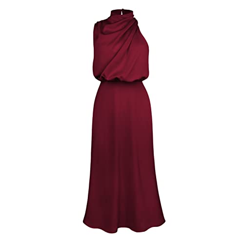 Sucor Satin Ärmellos High Neck Elegantes Party Kleid Sommer Lange Formelle schlankes Cocktailkleider für(S,Weinrot) von Sucor