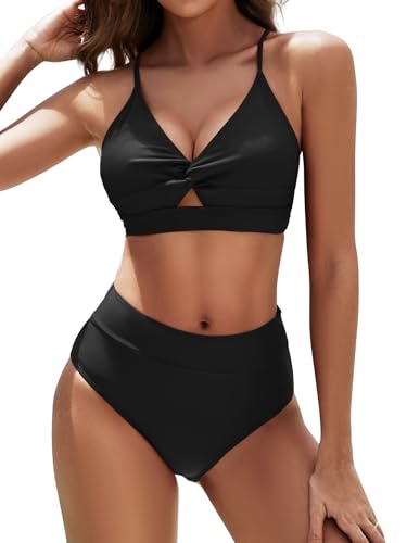 Sucrefas Damen-Bikini-Set mit hoher Taille, zweiteiliger Twist-Knoten-Badeanzug, überkreuzter Badeanzug, Schwarz, Large Sucrefas Damen-Bikini-Set mit hoher Taille, zweiteiliger Twist-Knoten-Badeanzug, überkreuzter Badeanzug, Schwarz, Large von Sucrefas