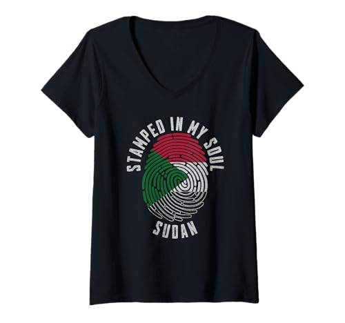 Damen Gestempelt mit My Soul Sudan Flagge, sudanesischer Stolz T-Shirt mit V-Ausschnitt von Sudanese Pride Stamped in My Soul Sudan